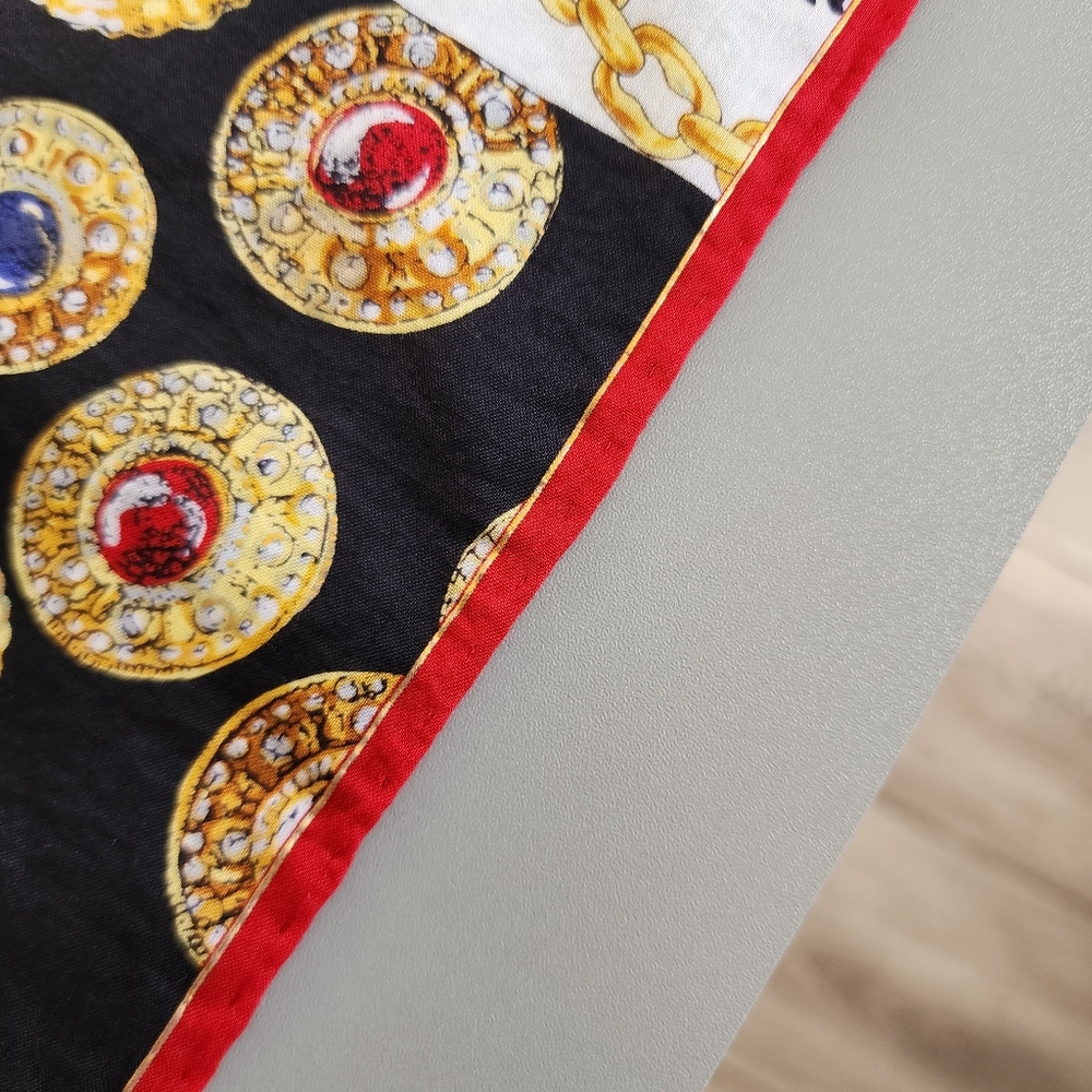 Celine Black & White Silk Bandanna with Gold, Red, Blue & Green Medallions EUC - Picture 7 of 15